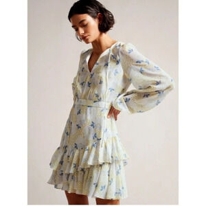 Ted Baker Suziiee Floral Waisted Mini Dress Peasant Balloon Sleeve Boho Size 0